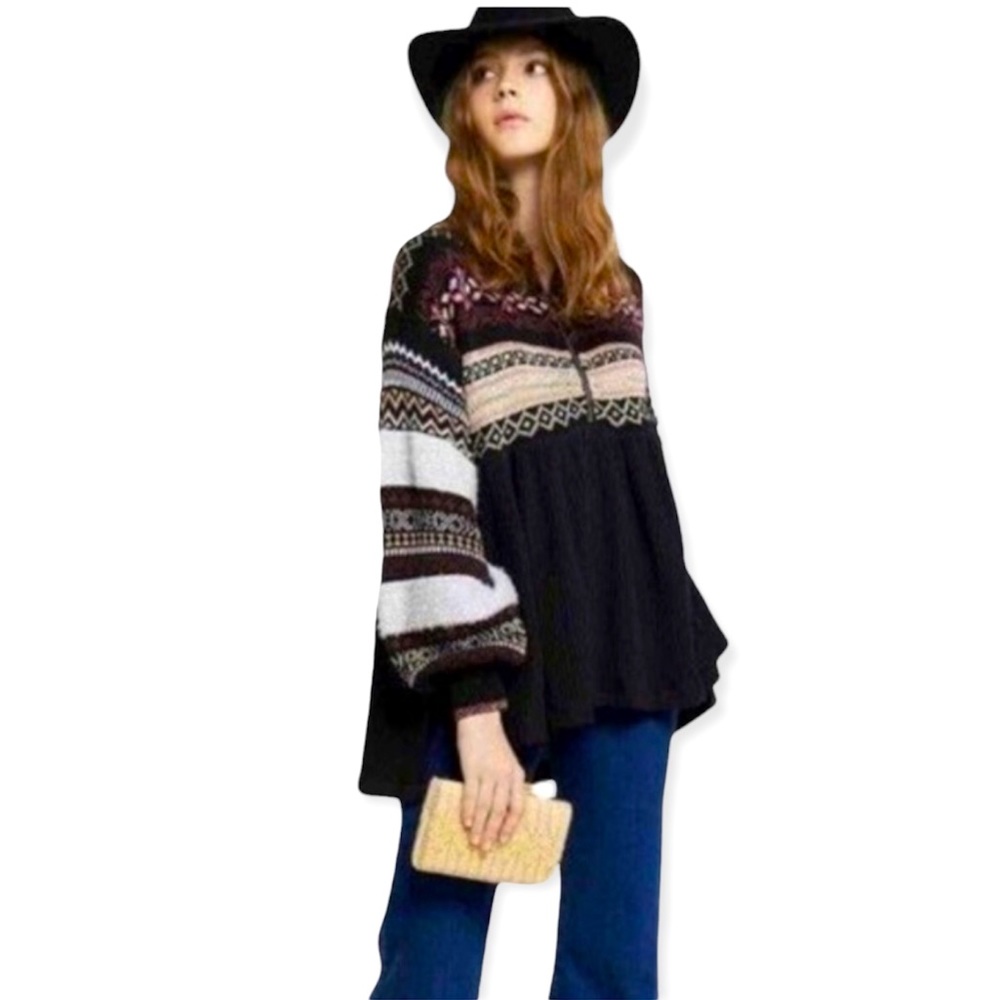 Free People Black Cabin Fever Swit Sweater Thermal Oversized Balloon Sleeve Sz S